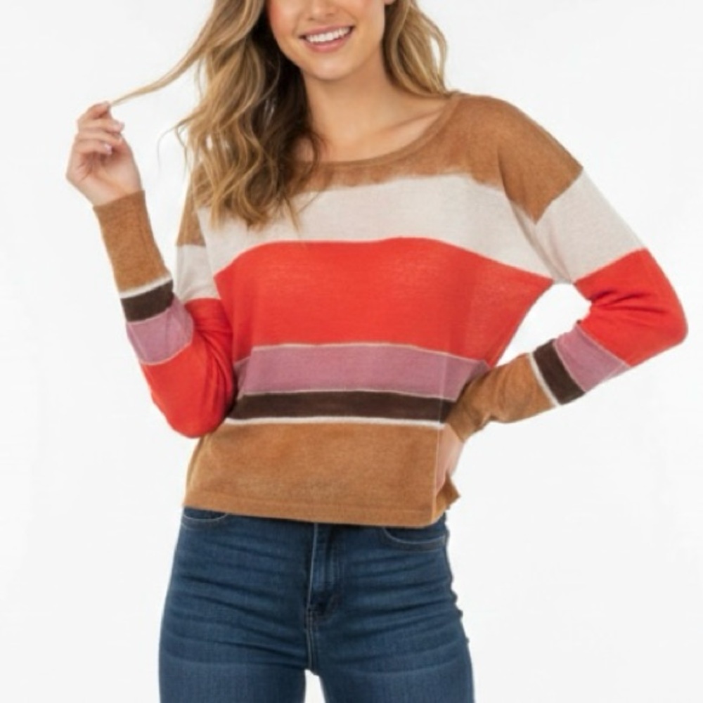 Loft Red Tan Striped Knit Lightweight Sweater S Classic Preppy